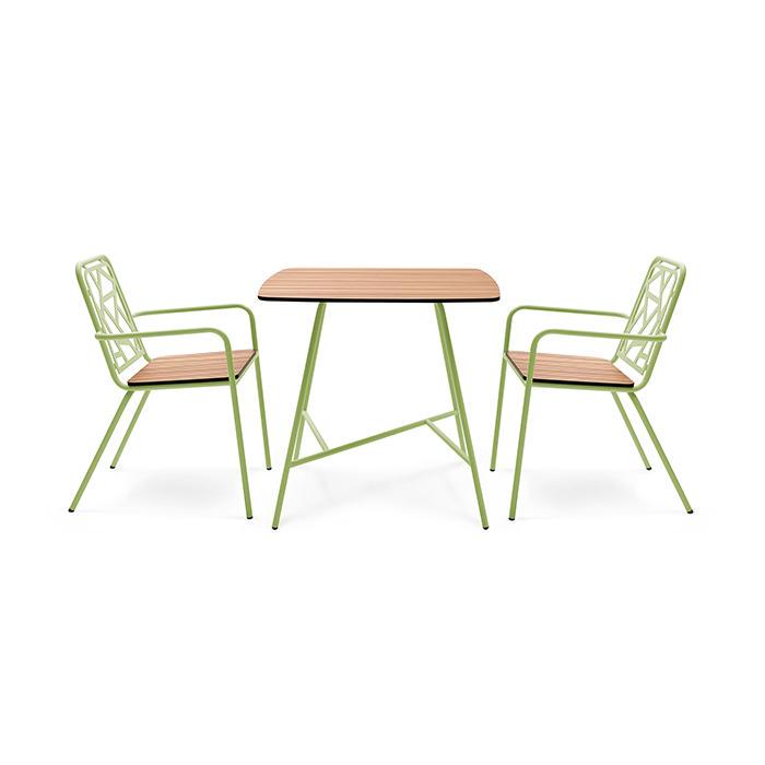 stół ogrodowy dwa krzesła pastelowy zielony